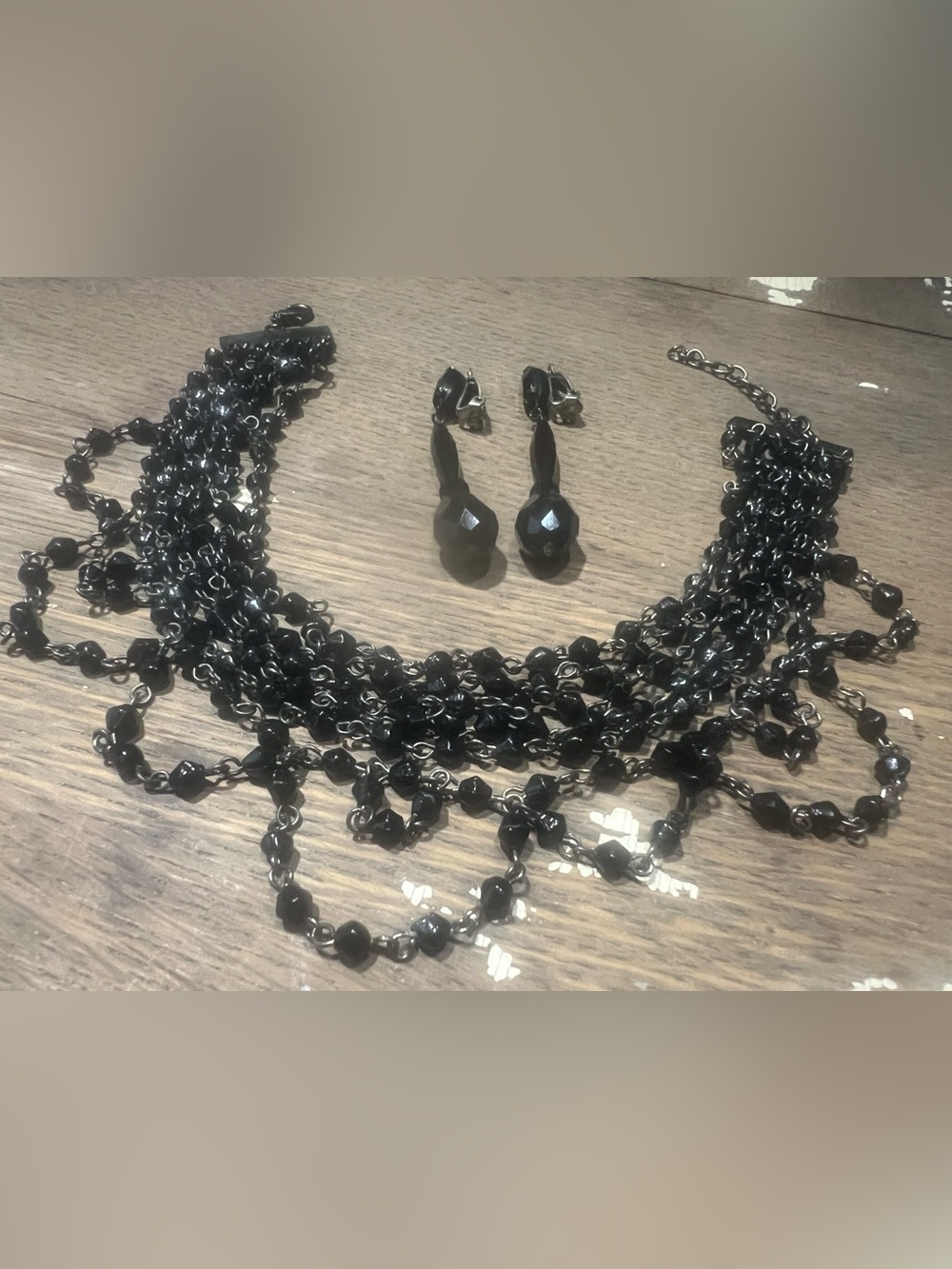 1928 Jewelry Glam Multi Layer Beaded Bib Necklace & Faceted Glass Drop Clip Ons